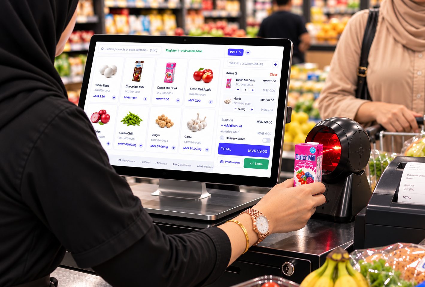 Cashier scanning an item on LeadPOS Retail at a supermarket checkout